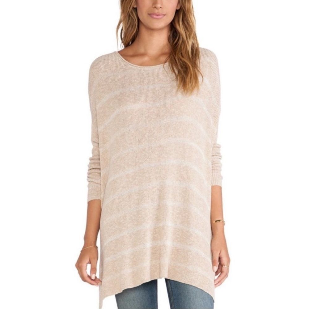 Free People Slouchy Oversized Knit Beige Stripe Pullover Sweater Boho Sz S